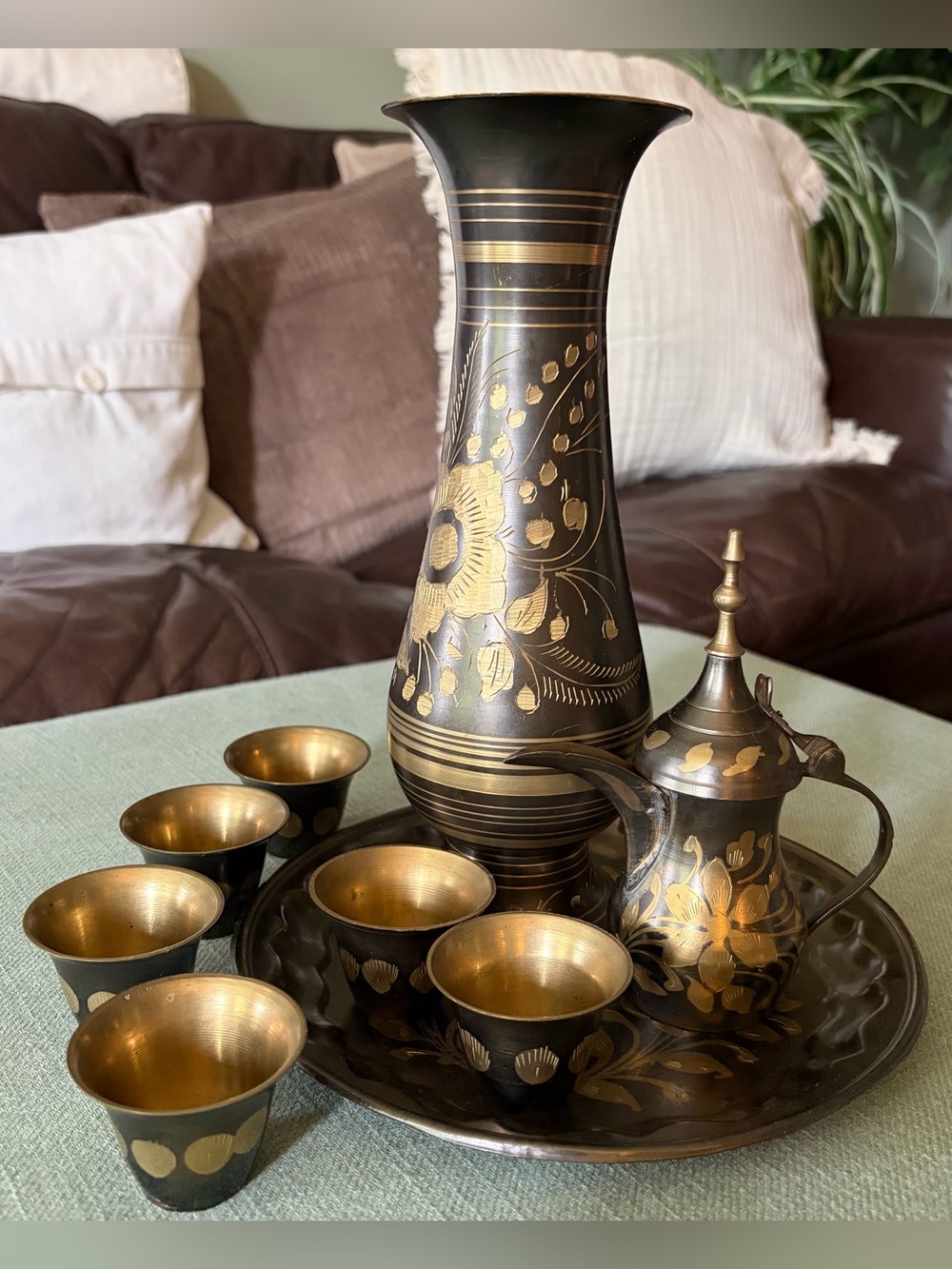 9 Piece Black Brass Wine/Tea Set With Floral Etchings From India
